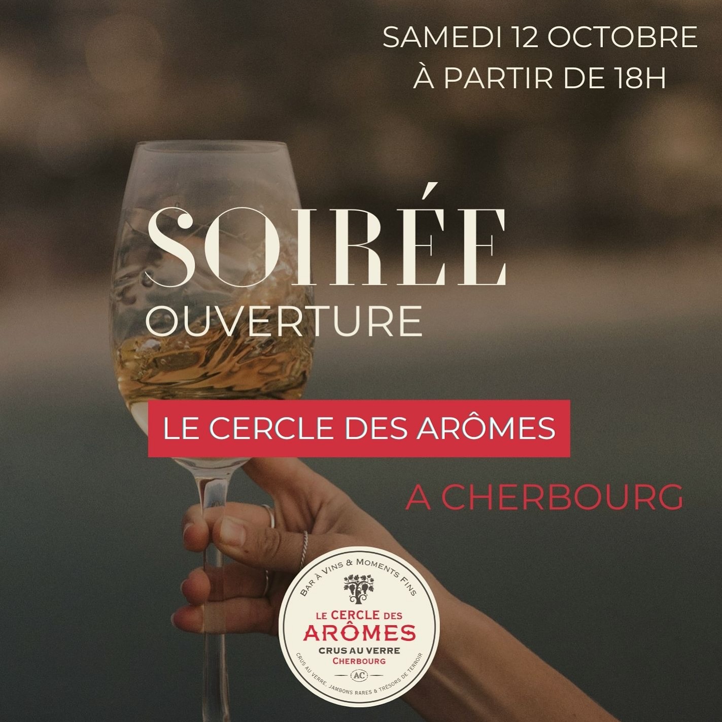 🔴 Ouverture 🔴

Le grand jour est arrivé ! Nous ouvrons les portes de votre Cercle des Arômes - Cherbourg le Samedi 12 Octobre à partir de 18h 🍷

Venez découvrir nos 150 vins au verre, mets d’artisans, bières artisanales et autres. 

Afin de permettre à tout le monde de profiter de cette ouverture, nous ne prendrons pas de réservation pour ce premier jour.

Nous vous attendons nombreux(ses) ! 😊

Le Cercle des Arômes - Cherbourg 
50 Quai de Caligny
09 83 42 72 07

#vin #cherbourg #baravin #wine #charcuteries #bar 

@villecherbourg 
@cotentin_tourisme_normandie 
@cestacherbourg 
@spottedcherbourg 
@lesboucheescherbourgeoises 
@rnc_cherbourg 
@lamanchelibre 
@larvf_mag 
@lefigarovin