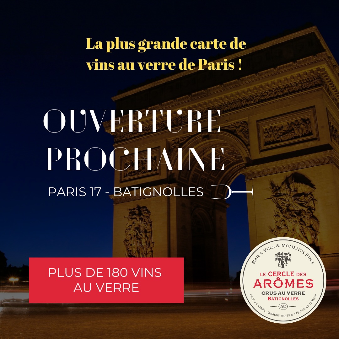 BIENTÔT - LA PLUS GRANDE CARTE DE VINS AU VERRE DE PARIS ! 🍷

Nous sommes très heureux de vous annoncer l’ouverture prochaine du Cercle des Arômes aux Batignolles. 

Mais qu’est-ce que le Cercle des Arômes ? 

⭐ Un concept unique de plus de 180 crus au verre à déguster, toutes régions confondues et pour tous les budgets. Notre sélection est uniquement composée de références pointues et reconnues dans le métier (notamment en bio et biodynamie 🍀). Sans oublier notre carte « Excellence ». 

*Le Cercle des Arômes élu parmi les plus belles cartes de vins de France 2024 par Terre de Vins* 

⭐ Une carte de mets de qualité à partager, composée de produits locaux et d’ailleurs. Charcuteries fines, fromages affinés, tartines et autres sont au rendez-vous. 

⭐ Un cadre chic et sympathique, propice à la convivialité. Couleurs chaleureuses, assises sur mesure, équipe au top. 

Nous vous tiendrons informé(e)s au fur et à mesure de l’avancement 👍

Le Cercle des Arômes - Batignolles
17 rue Brochant

À très vite ! 

#vin #baravin #wine #charcuteries #vinauverre #batignolles #paris17

@larvf_mag 
@leparisien 
@lefigarovin 
@coravin 
@timeoutparis 
@starwinelistofficial 
@terredevins_officiel 
@lh.trestresbon 
@bref.wine 
@gwilherm_de_cerval 
@rougeauxlevres 
@melimelo.wine 
@elleatable 
@villaschweppes 
@lesechos 
@lepointfr
@neo.mediafr
@lacartedesvins 
@passionpinard
@alicia_dorey_ 
@winepoetry_