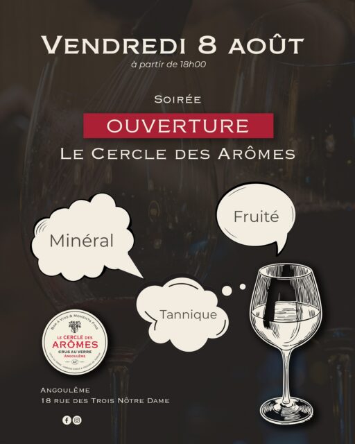 Vendredi 8 Août, à partir de 18h, votre Cercle des Arômes ouvre ses portes dans la ville de la BD ! Vous y découvrirez une sélection de plus de 130 vins au verre, des mets d’artisans, des spiritueux d’exception ainsi de jolies bières. ✨

Afin de vous satisfaire toutes et tous, nous ne prendrons pas de réservations pour le week-end mais vous pouvez réserver pour la semaine d’après à partir du Mardi 12 Août. 

Nous vous attendons nombreuses et nombreux ! 🥂

#angouleme #baravin #ouverture #wine #lecercledesaromes #vinauverre