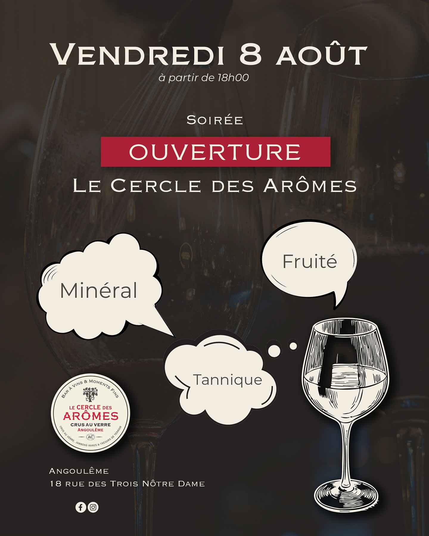Vendredi 8 Août, à partir de 18h, votre Cercle des Arômes ouvre ses portes dans la ville de la BD ! Vous y découvrirez une sélection de plus de 130 vins au verre, des mets d’artisans, des spiritueux d’exception ainsi de jolies bières. ✨

Afin de vous satisfaire toutes et tous, nous ne prendrons pas de réservations pour le week-end mais vous pouvez réserver pour la semaine d’après à partir du Mardi 12 Août. 

Nous vous attendons nombreuses et nombreux ! 🥂

#angouleme #baravin #ouverture #wine #lecercledesaromes #vinauverre