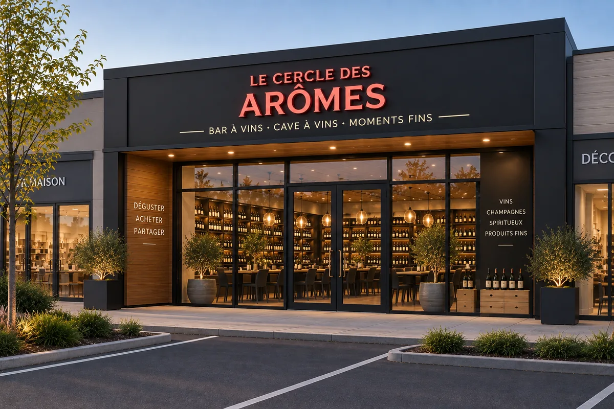Projection de la devanture d'un Cercle des Arômes en zone commerciale, bar à vins et cave