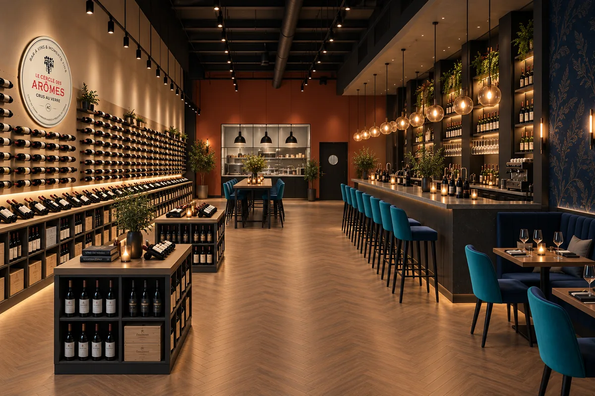 Projection intérieure du format zone commerciale : espace caviste et bar à vins